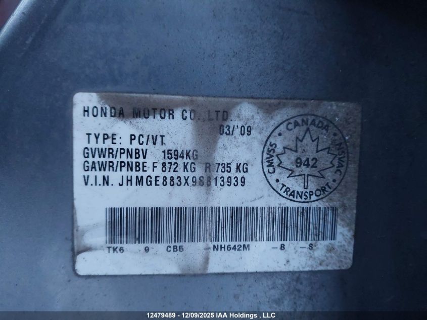2009 Honda Fit Dx-A VIN: JHMGE883X9S813939 Lot: 12479489