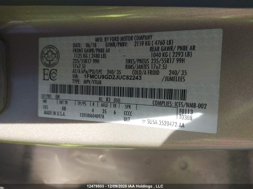 2018 Ford Escape Se VIN: 1FMCU9GD2JUC82243 Lot: 12479503