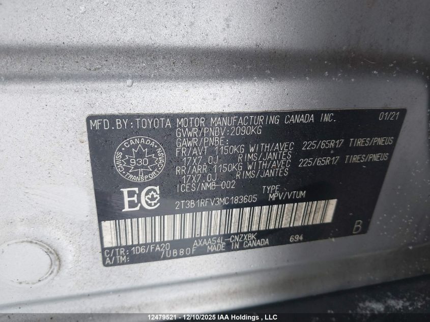 2021 Toyota Rav4 Le VIN: 2T3B1RFV3MC183605 Lot: 12479521