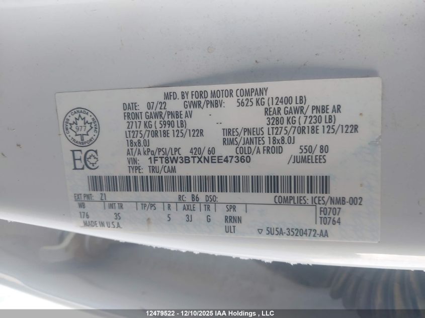 2022 Ford F-350 Xlt VIN: 1FT8W3BTXNEE47360 Lot: 12479522