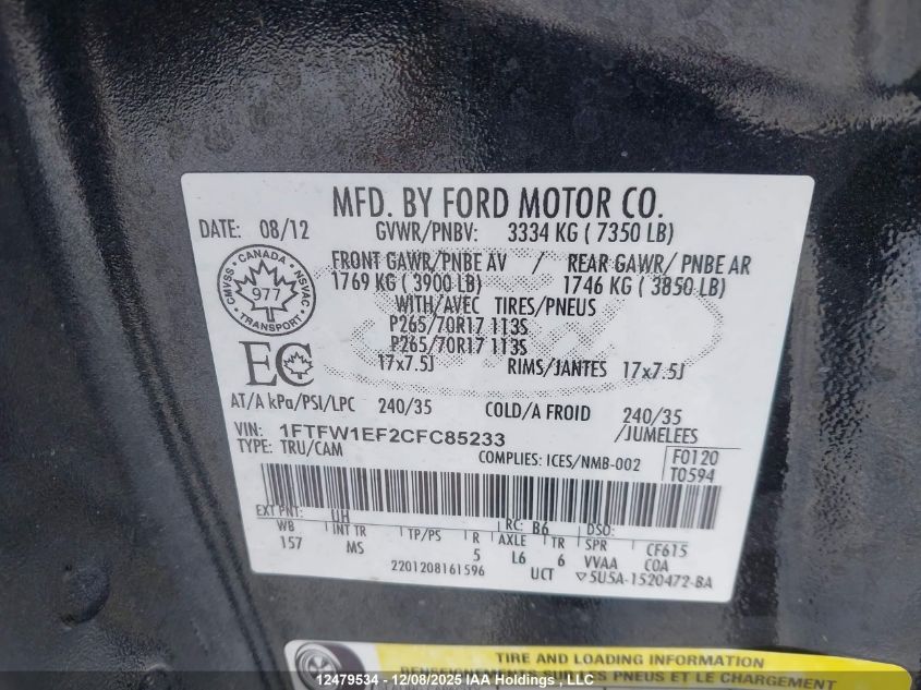 2012 Ford F-150 Xlt VIN: 1FTFW1EF2CFC85233 Lot: 12479534