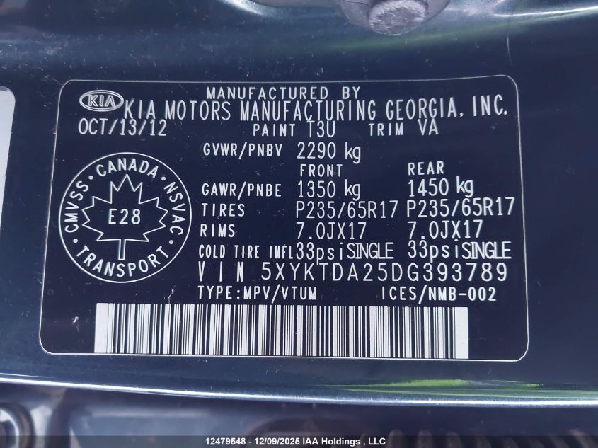 2013 Kia Sorento Lx VIN: 5XYKTDA25DG393789 Lot: 12479548