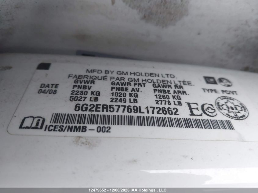 2009 Pontiac G8 VIN: 6G2ER57769L172662 Lot: 12479552