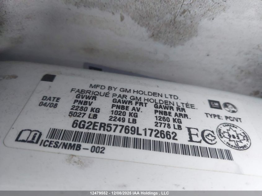 2009 Pontiac G8 VIN: 6G2ER57769L172662 Lot: 12479552