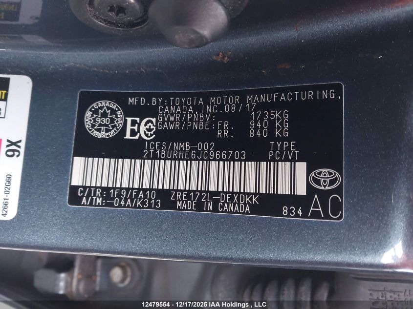 2018 Toyota Corolla Ce VIN: 2T1BURHE6JC966703 Lot: 12479554