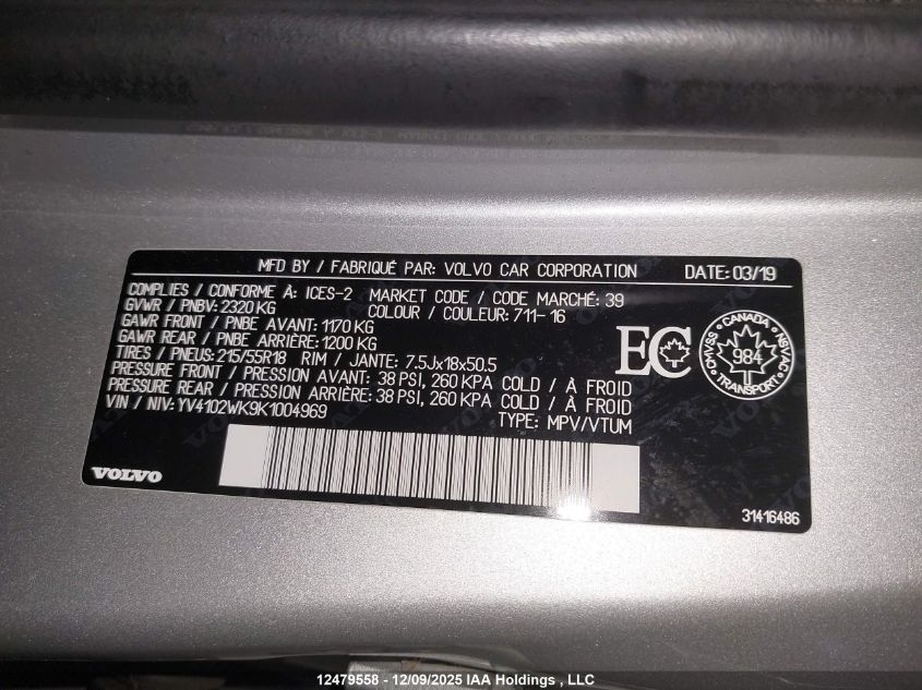 2019 Volvo V60 Cross Country T5 Momentum VIN: YV4102WK9K1004969 Lot: 12479558