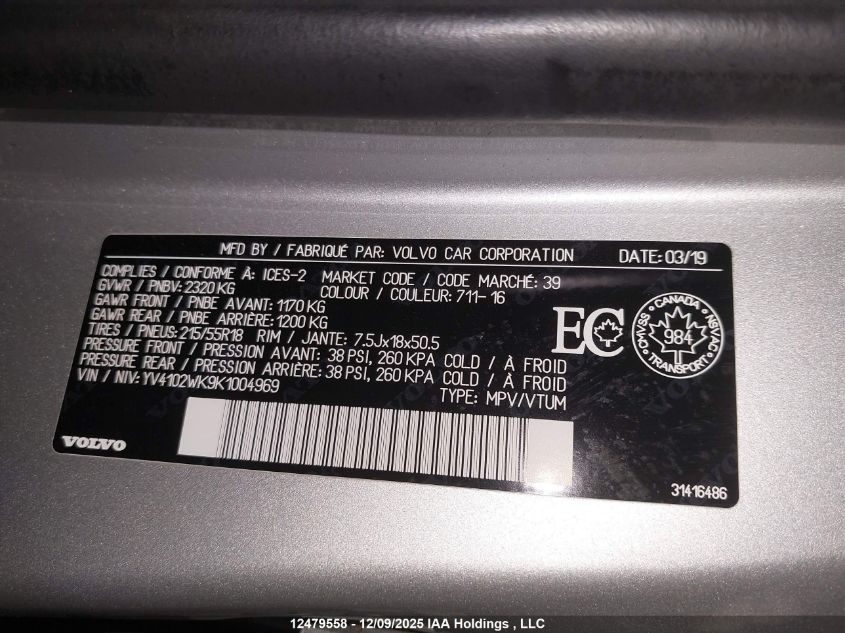 2019 Volvo V60 Cross Country T5 Momentum VIN: YV4102WK9K1004969 Lot: 12479558