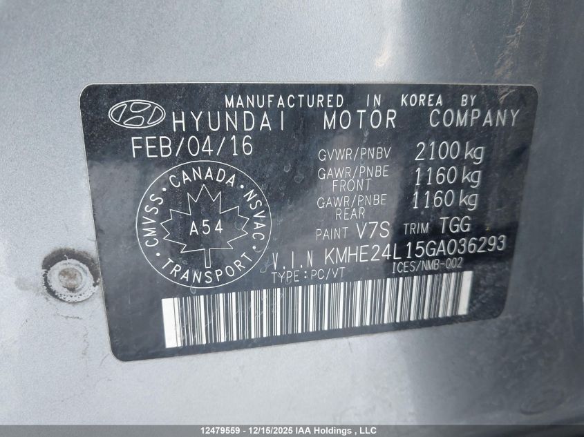 2016 Hyundai Sonata Hybrid Hybrid VIN: KMHE24L15GA036293 Lot: 12479559