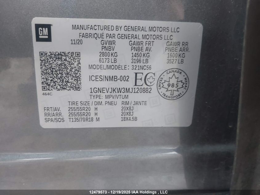2021 Chevrolet Traverse Rs VIN: 1GNEVJKW3MJ120882 Lot: 12479573