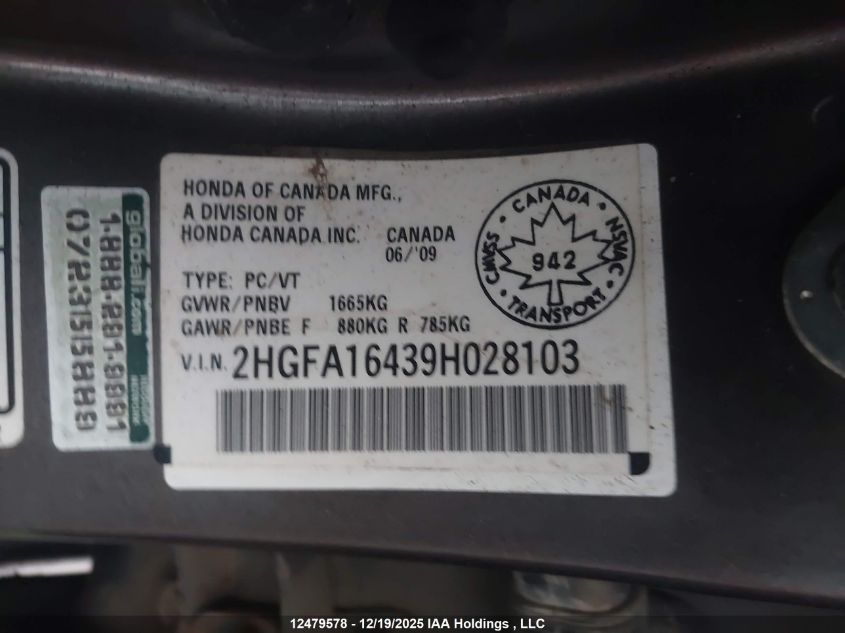 2009 Honda Civic Dx-G VIN: 2HGFA16439H028103 Lot: 12479578