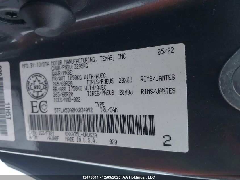 2022 Toyota Tundra VIN: 5TFLA5DA0NX034092 Lot: 12479611