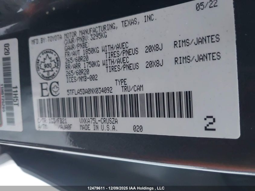 2022 Toyota Tundra VIN: 5TFLA5DA0NX034092 Lot: 12479611