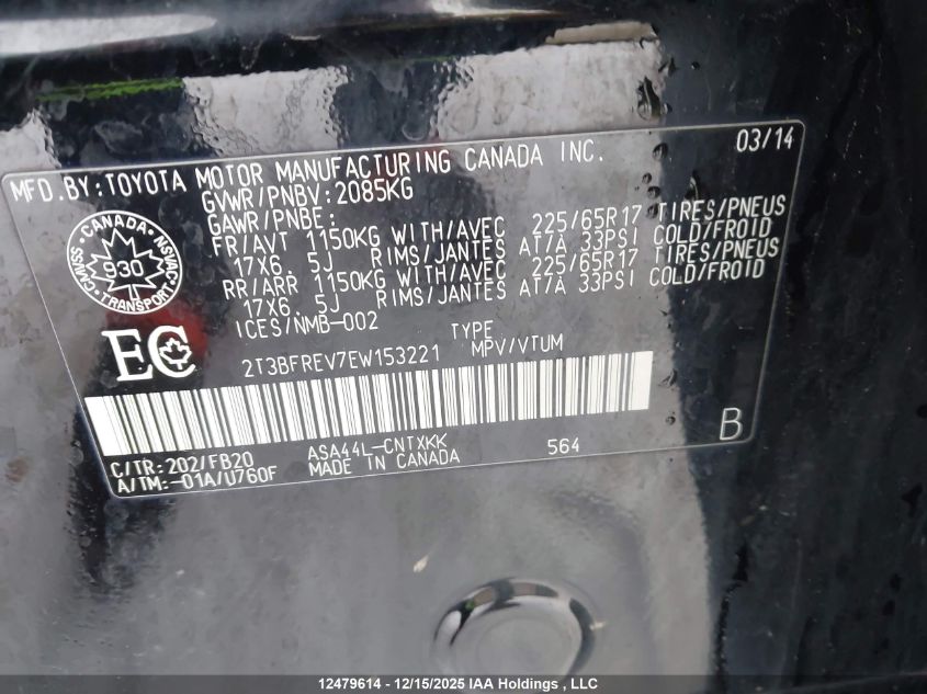 2014 Toyota Rav4 Le VIN: 2T3BFREV7EW153221 Lot: 12479614