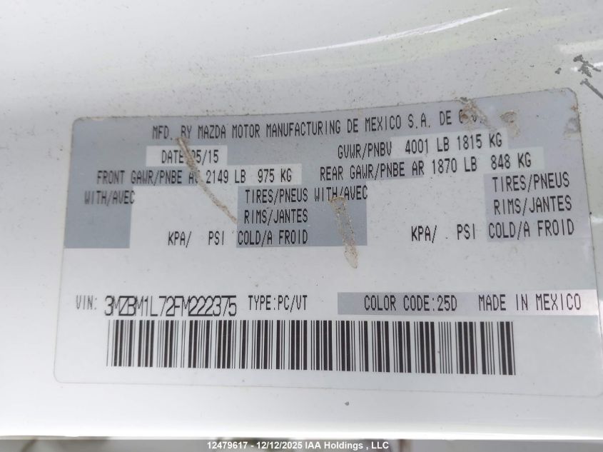 2015 Mazda Mazda3 Gs VIN: 3MZBM1L72FM222375 Lot: 12479617