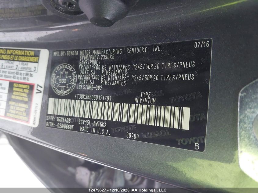 2016 Toyota Venza Xle VIN: 4T3BK3BB0GU124794 Lot: 12479627