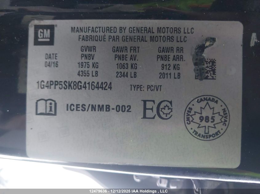 2016 Buick Verano VIN: 1G4PP5SK8G4164424 Lot: 12479636