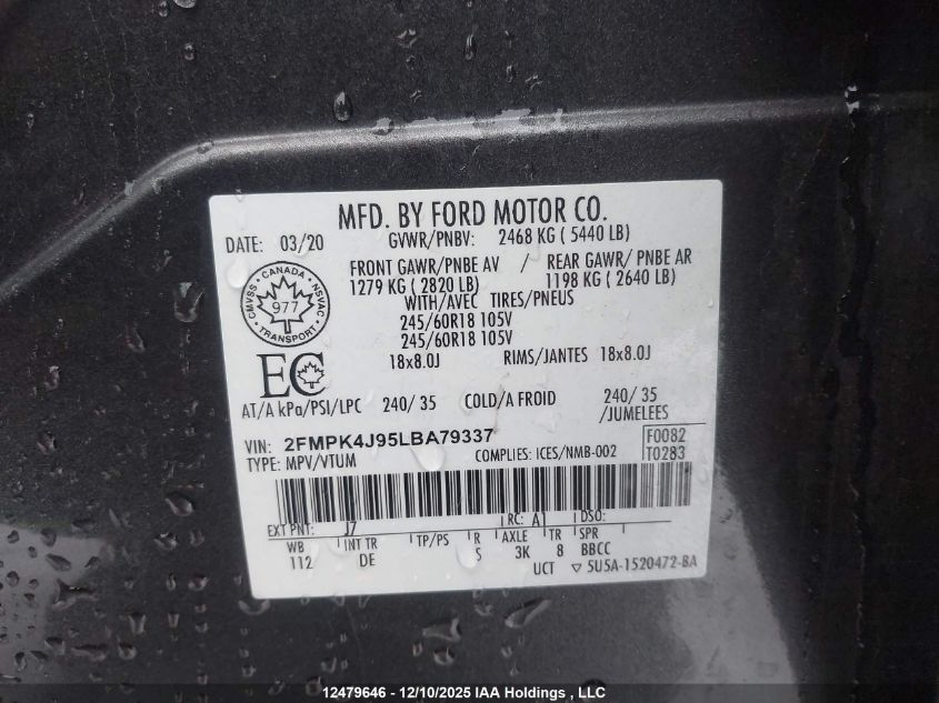 2020 Ford Edge Sel VIN: 2FMPK4J95LBA79337 Lot: 12479646