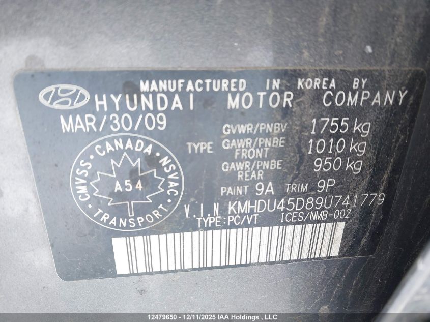 2009 Hyundai Elantra VIN: KMHDU45D89U741779 Lot: 12479650