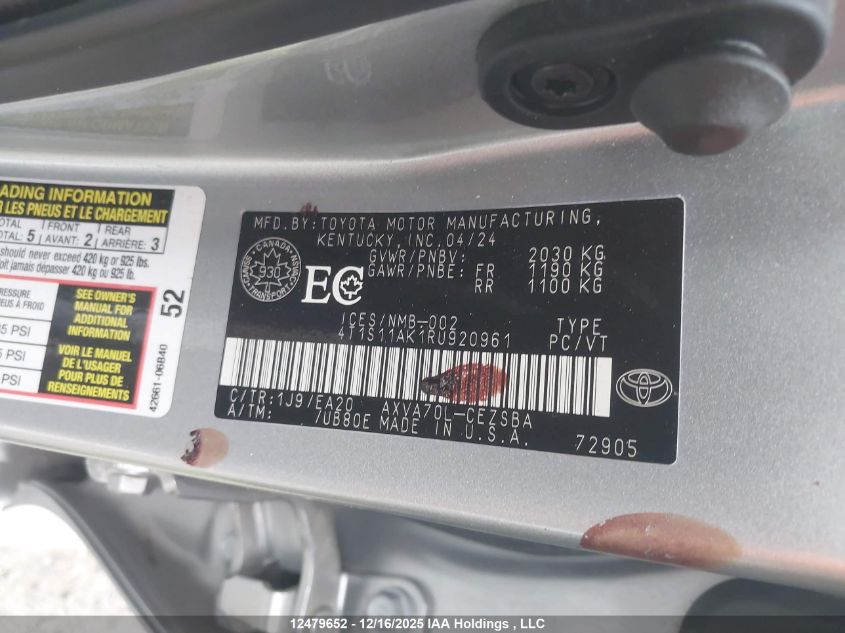 2024 Toyota Camry Se VIN: 4T1S11AK1RU920961 Lot: 12479652