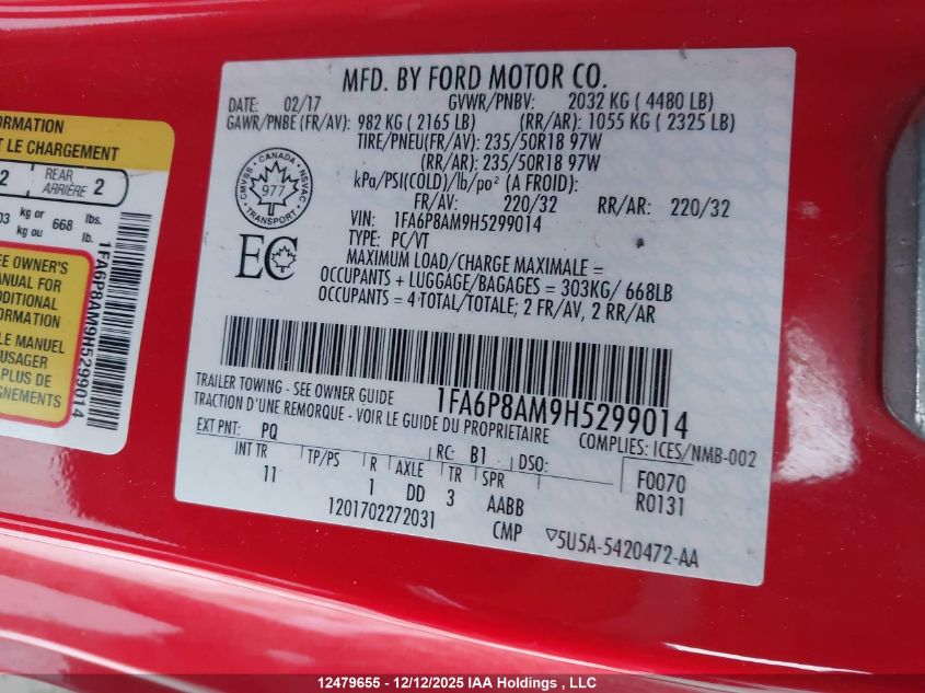 2017 Ford Mustang V6 VIN: 1FA6P8AM9H5299014 Lot: 12479655