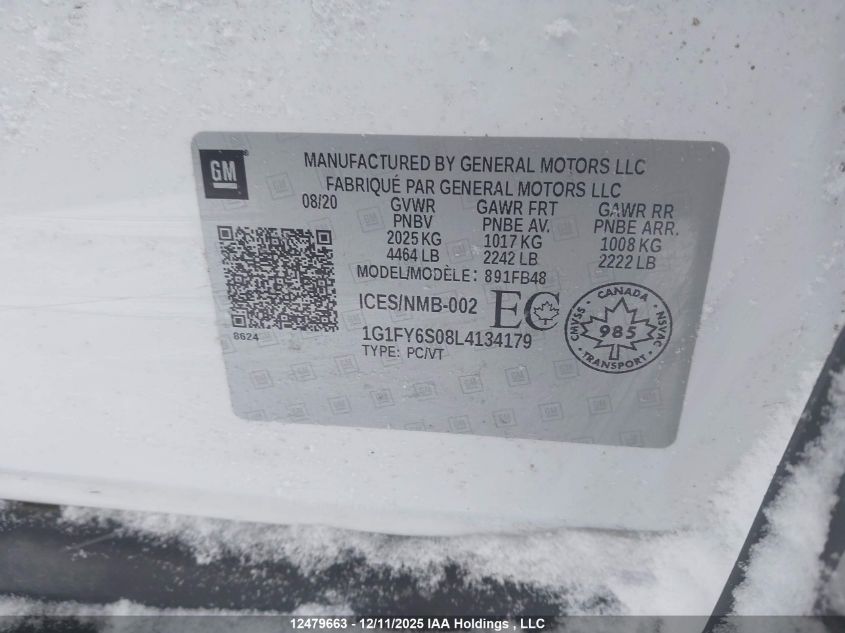 2020 Chevrolet Bolt Ev Lt VIN: 1G1FY6S08L4134179 Lot: 12479663