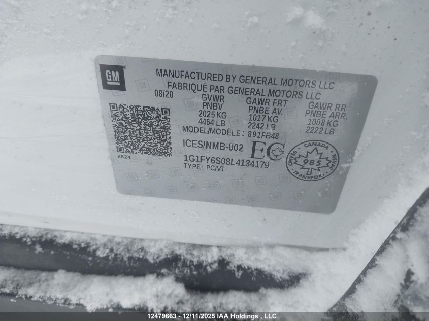 2020 Chevrolet Bolt Ev Lt VIN: 1G1FY6S08L4134179 Lot: 12479663