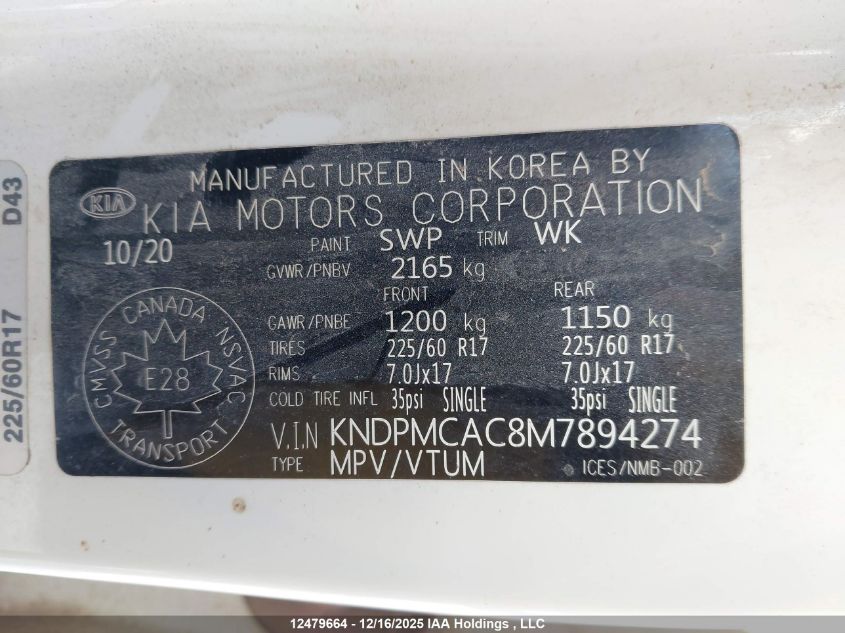 2021 Kia Sportage Lx VIN: KNDPMCAC8M7894274 Lot: 12479664