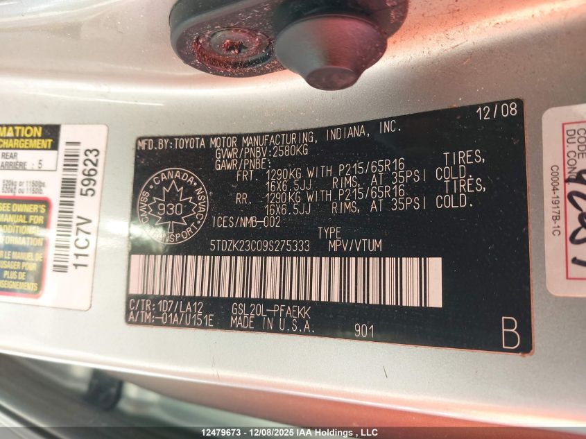 2009 Toyota Sienna Le 7 Passenger VIN: 5TDZK23C09S275333 Lot: 12479673