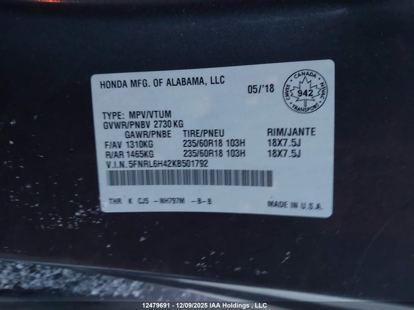 5FNRL6H42KB501792 2019 HONDA ODYSSEY photo no. 9