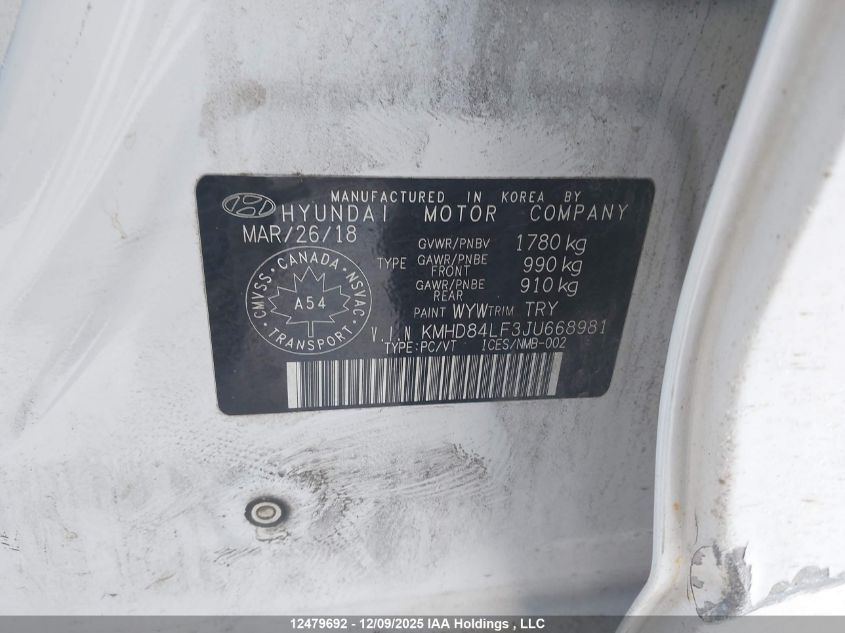 2018 Hyundai Elantra Sel/Value/Limited VIN: KMHD84LF3JU668981 Lot: 12479692