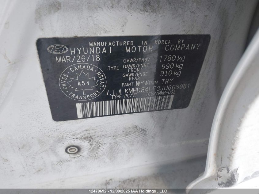 2018 Hyundai Elantra Sel/Value/Limited VIN: KMHD84LF3JU668981 Lot: 12479692