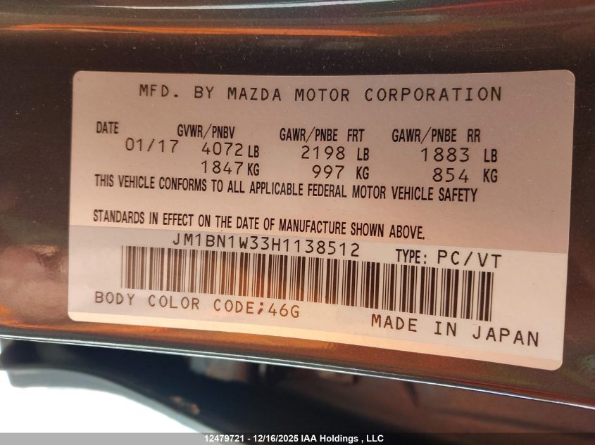 2017 Mazda Mazda3 Gt VIN: JM1BN1W33H1138512 Lot: 12479721