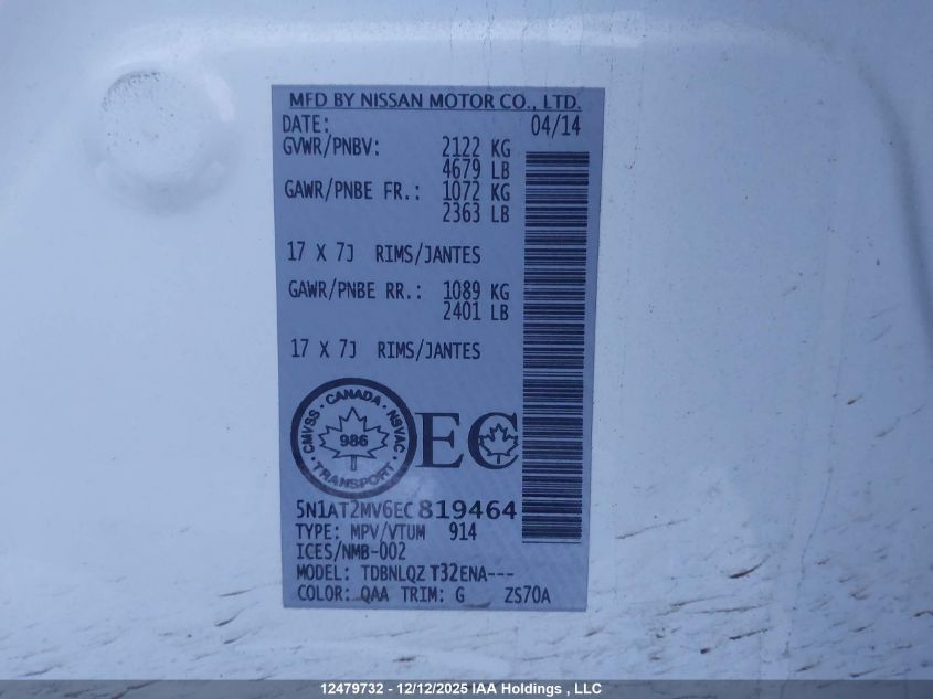 2014 Nissan Rogue S/Sl/Sv VIN: 5N1AT2MV6EC819464 Lot: 12479732