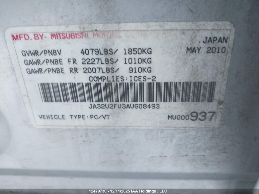 2010 Mitsubishi Lancer Se VIN: JA32U2FU3AU608493 Lot: 12479736