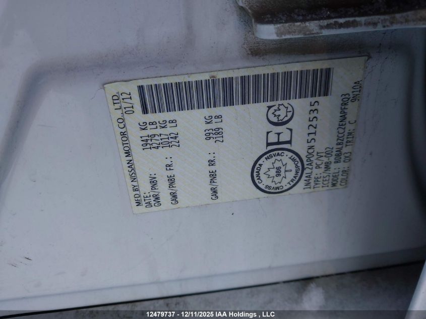 2012 Nissan Altima S VIN: 1N4AL2AP0CN512535 Lot: 12479737