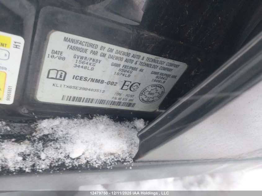 2009 Chevrolet Aveo Lt VIN: KL1TX65E39B403513 Lot: 12479750