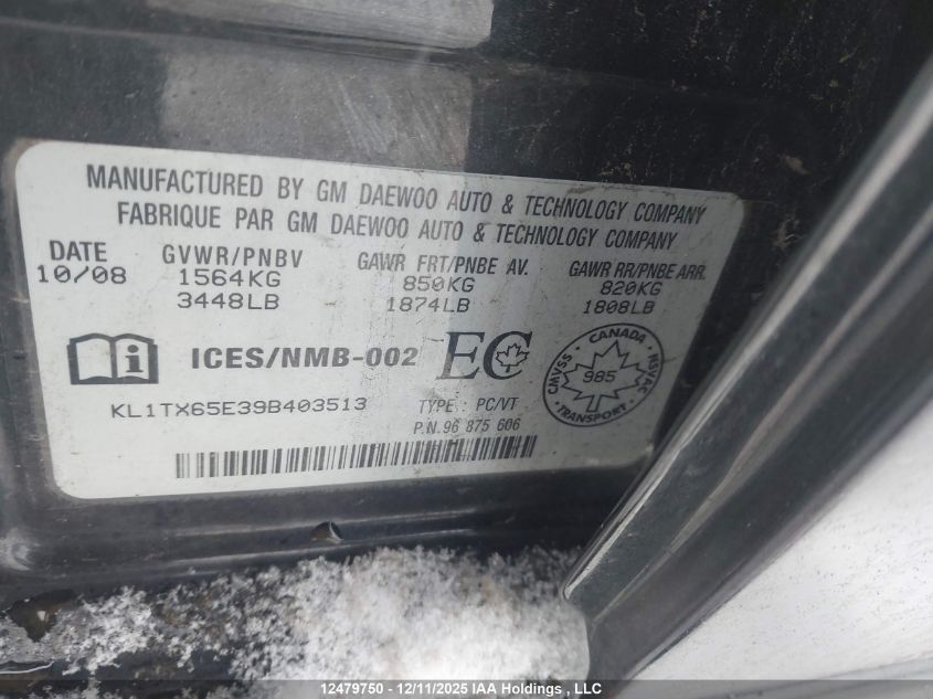 2009 Chevrolet Aveo Lt VIN: KL1TX65E39B403513 Lot: 12479750