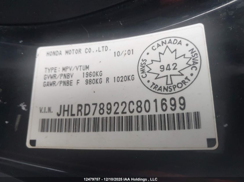 2002 Honda Cr-V Ex VIN: JHLRD78922C801699 Lot: 12479757