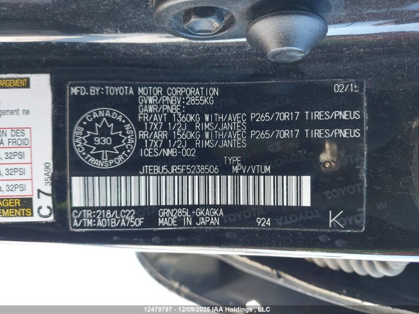 2015 Toyota 4Runner Sr5 V6 VIN: JTEBU5JR5F5238506 Lot: 12479797