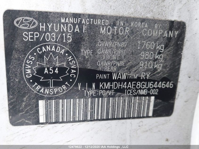 2016 Hyundai Elantra VIN: KMHDH4AE8GU644646 Lot: 12479822