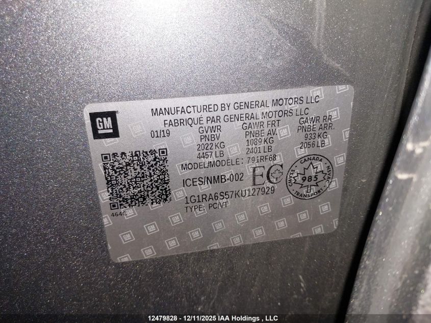 2019 Chevrolet Volt Lt VIN: 1G1RA6S57KU127929 Lot: 12479828