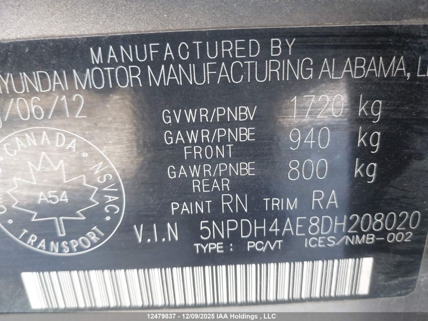 2013 Hyundai Elantra Gl VIN: 5NPDH4AE8DH208020 Lot: 12479837