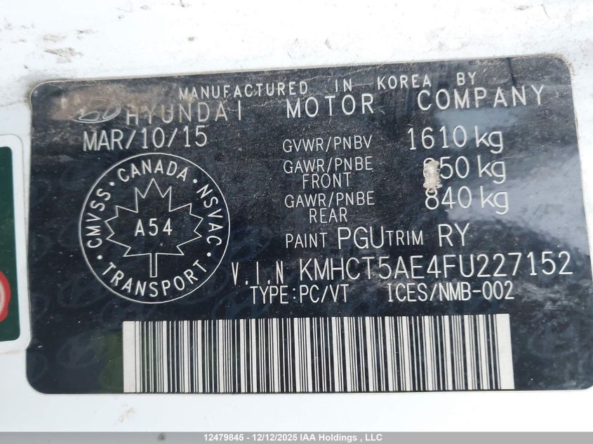 2015 Hyundai Accent Gl VIN: KMHCT5AE4FU227152 Lot: 12479845