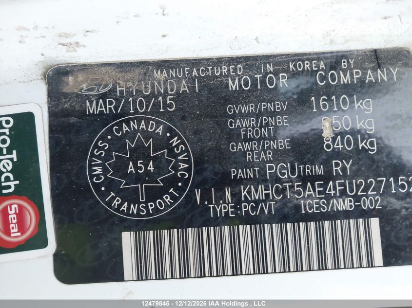 2015 Hyundai Accent Gl VIN: KMHCT5AE4FU227152 Lot: 12479845