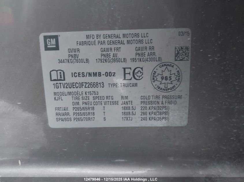 2015 GMC Sierra K1500 Sle VIN: 1GTV2UEC0FZ266813 Lot: 12479846