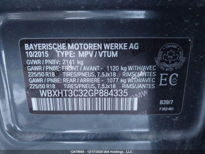 2016 BMW X1 xDrive28I VIN: WBXHT3C32GP884335 Lot: 12479850