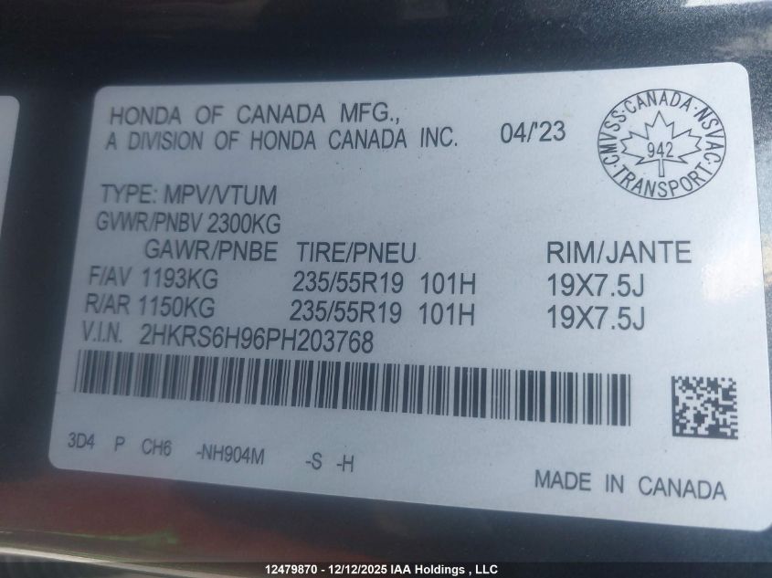 2023 Honda Cr-V Touring Hybrid VIN: 2HKRS6H96PH203768 Lot: 12479870