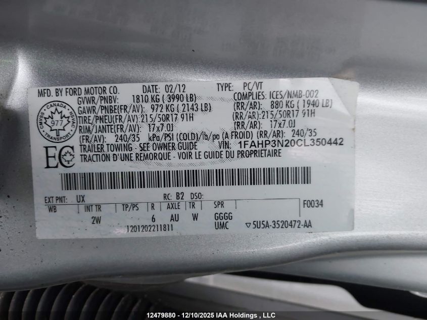 2012 Ford Focus Titanium VIN: 1FAHP3N20CL350442 Lot: 12479880