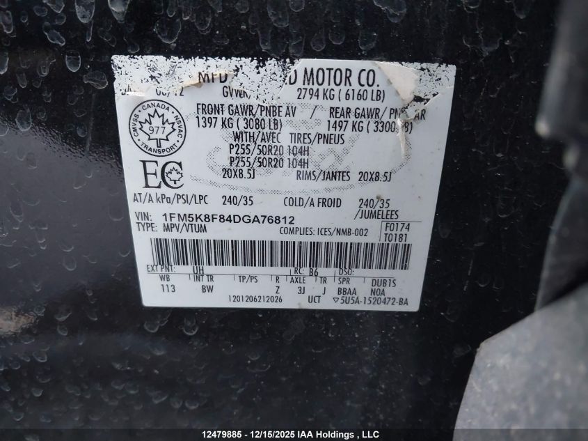 2013 Ford Explorer Limited VIN: 1FM5K8F84DGA76812 Lot: 12479885