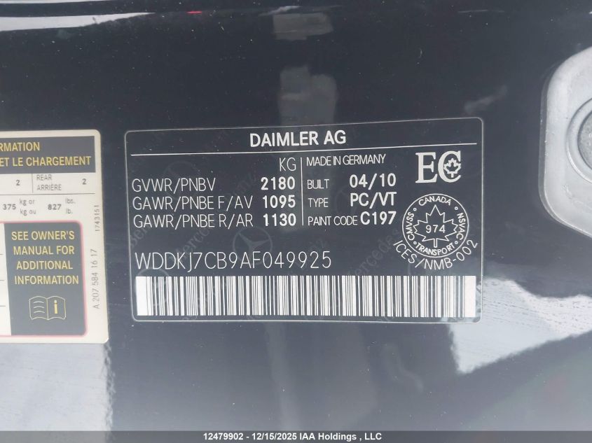 2010 Mercedes-Benz E 550 VIN: WDDKJ7CB9AF049925 Lot: 12479902